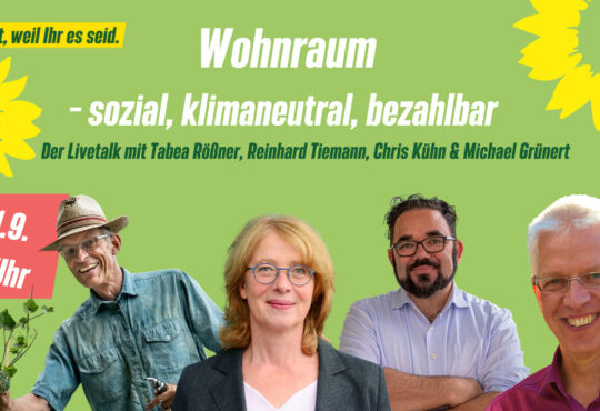 Onlinetalk: Wohnraum – sozial, klimaneutral, bezahlbar Bild vlnr: Reinhard Tiemann, Tabea Rößner, Christian Kühn, Michael Grünert Copyright Tabea Rößner
