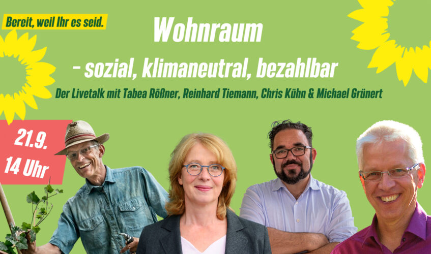 Onlinetalk: Wohnraum – sozial, klimaneutral, bezahlbar Bild vlnr: Reinhard Tiemann, Tabea Rößner, Christian Kühn, Michael Grünert Copyright Tabea Rößner