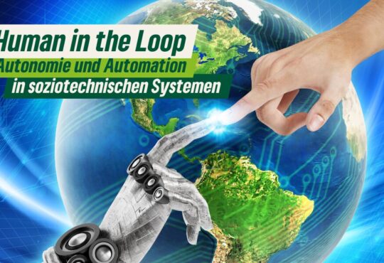 Graphik: Im Hintergrund schwebt eine Weltkugel vor einer Darstellung von digitale Schnittstellen und Synapsen. Vor der Weltkugel berühren sich der Zeigefinger einer menschlichen Hand mit dem einer androiden Hand. Erstellt mit CANVA am 15.10.2024