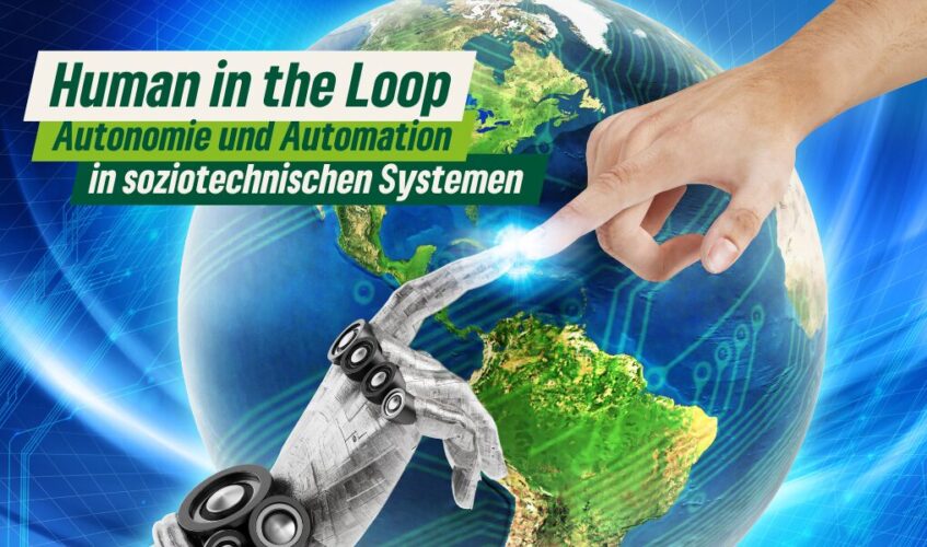 Graphik: Im Hintergrund schwebt eine Weltkugel vor einer Darstellung von digitale Schnittstellen und Synapsen. Vor der Weltkugel berühren sich der Zeigefinger einer menschlichen Hand mit dem einer androiden Hand. Erstellt mit CANVA am 15.10.2024