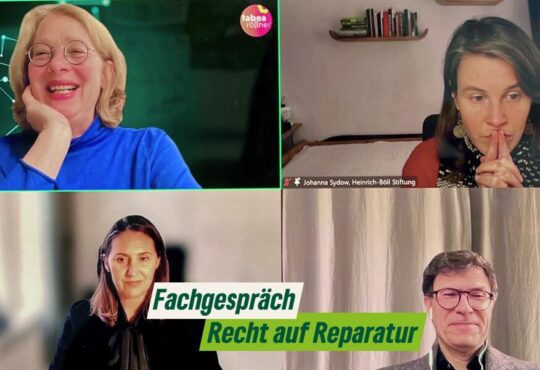Screenshot vom Fachgespräch zum Recht auf Reparatur. Oben v.r.n.l. Tabea Rößner und Johanna Sydow, Vorstand Runder Tisch Reparatur & Referentin Internationale Umweltpolitik HBS Unten v.r.n.l. Carine Chardon, ZVEI e.V. Verband der Elektro- und Digitalindustrie und Jakob Groß, Referat T I 3 Nachhaltiger Konsum, Produktbezogener Umweltschutz,